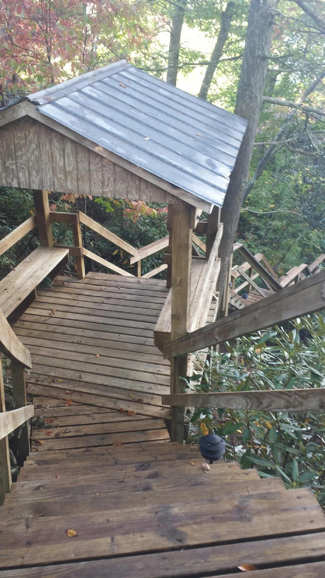 Metal roofed shelter over wooden steps on a wooded walkway — Skylight Repair & Installation work by our crew in Mountain City